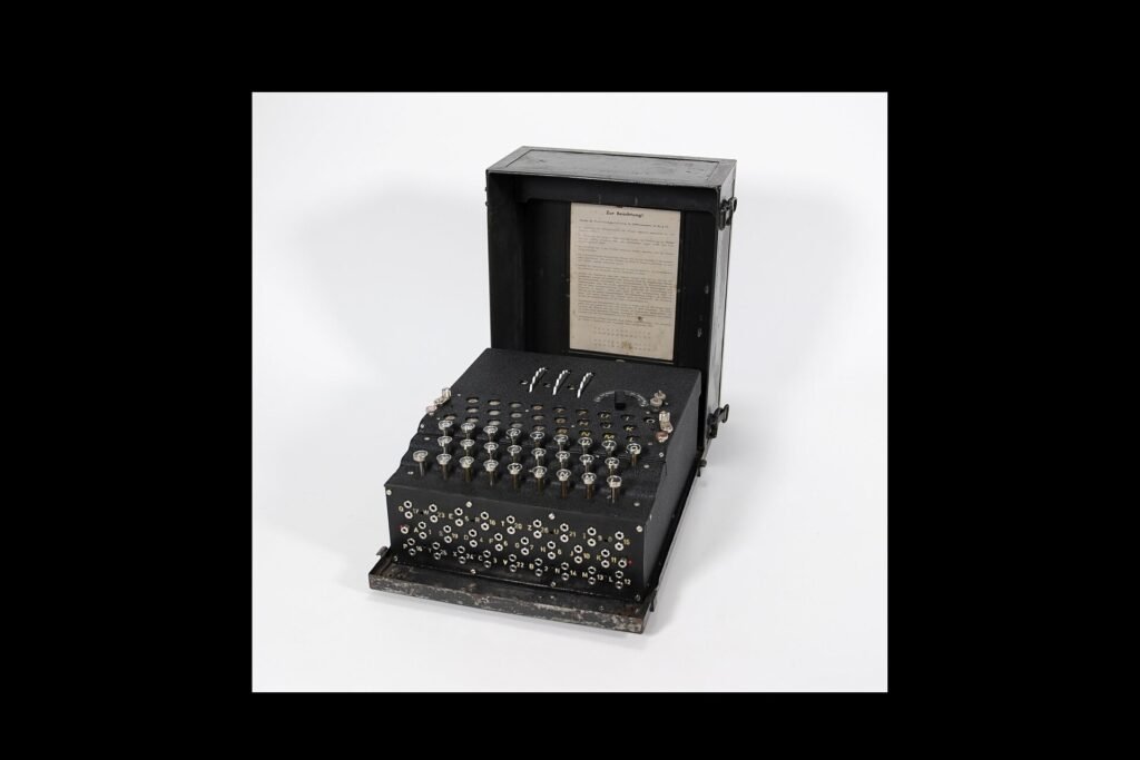 An Enigma cipher machine representing cryptography history