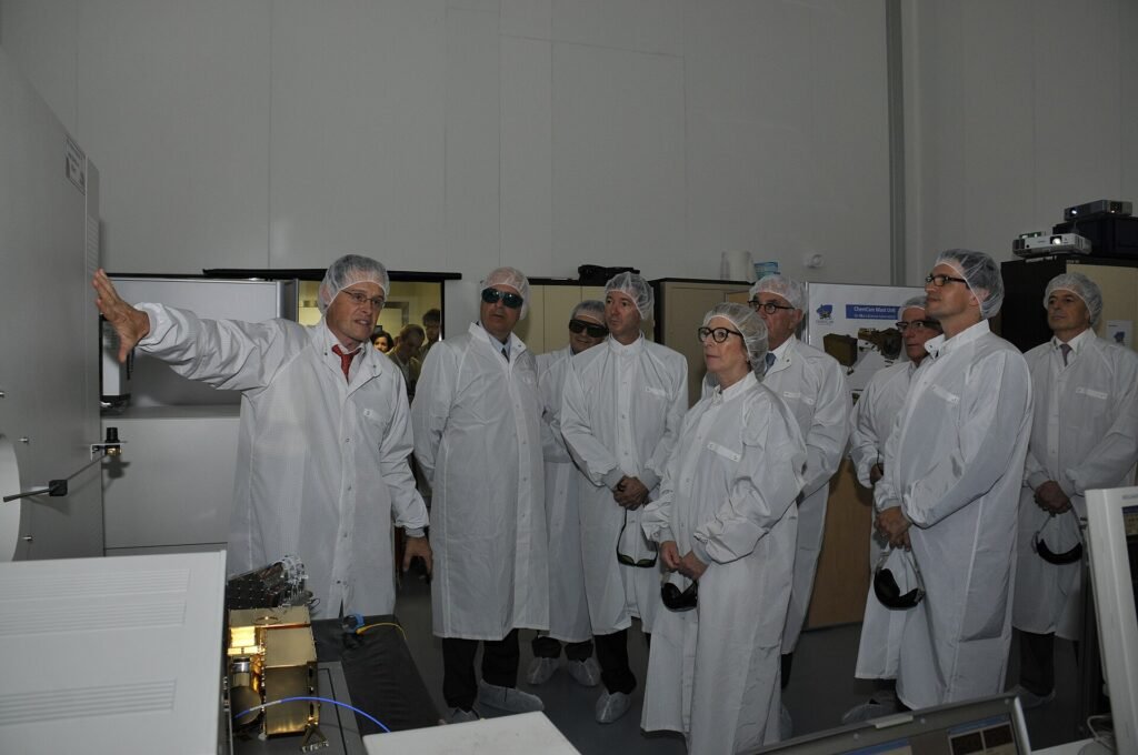 Semiconductor wafer being inspected inside a chip factory clean room